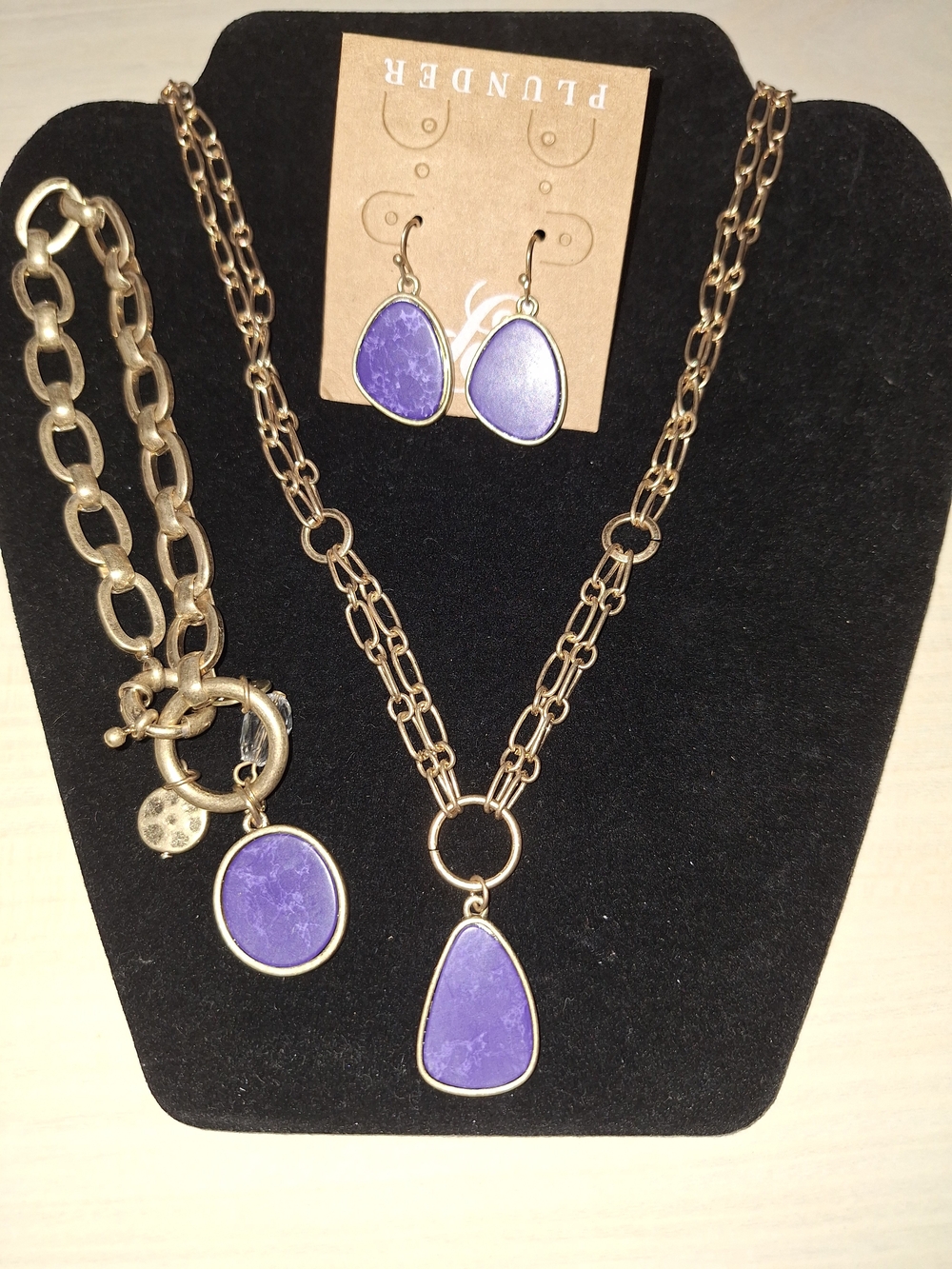 Plunder Brushed Gold-Tone Blue Marbled Gemstone Jewelry Set